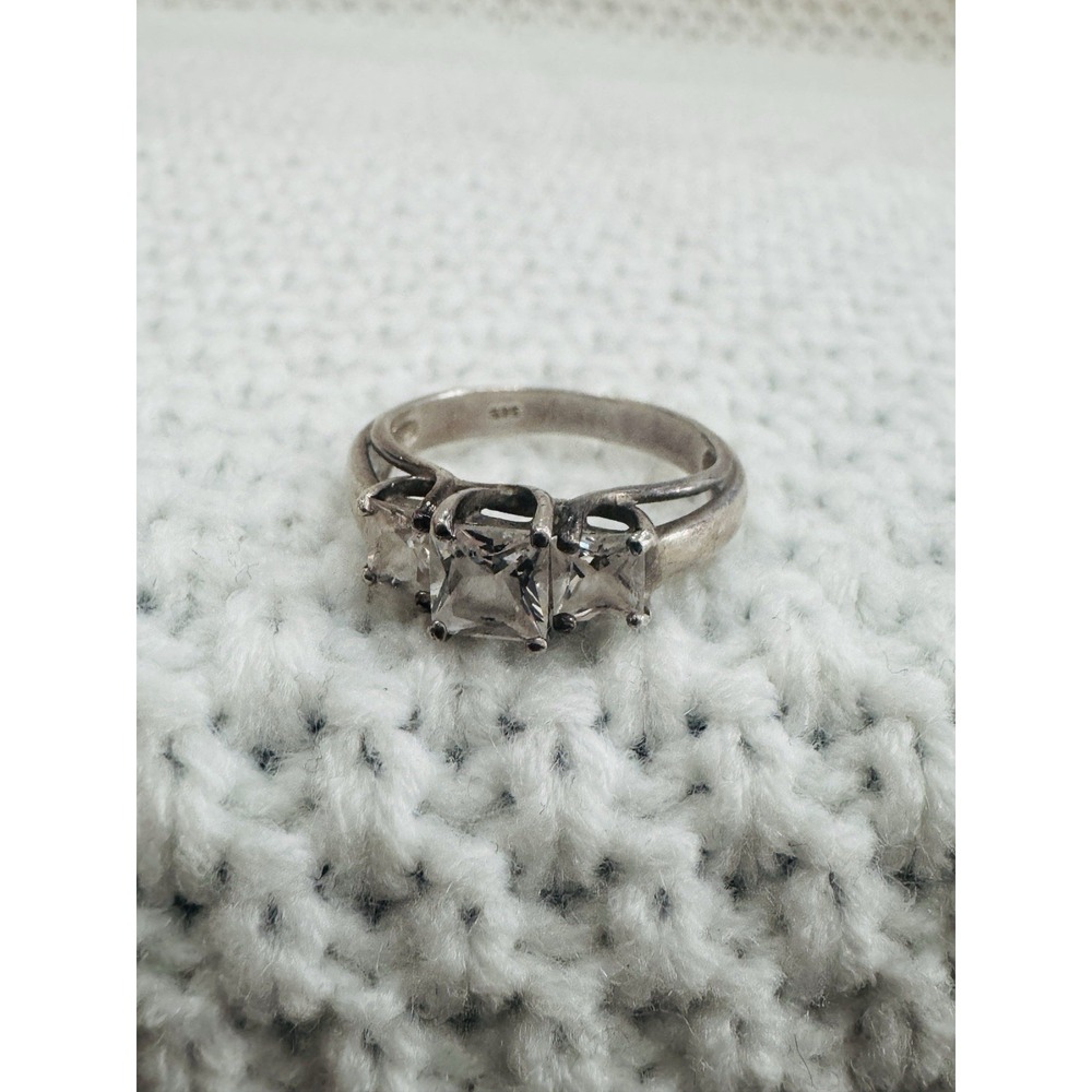925 Sterling Silver Princess Cut CZ Three Stone Engagement Ring Size 7